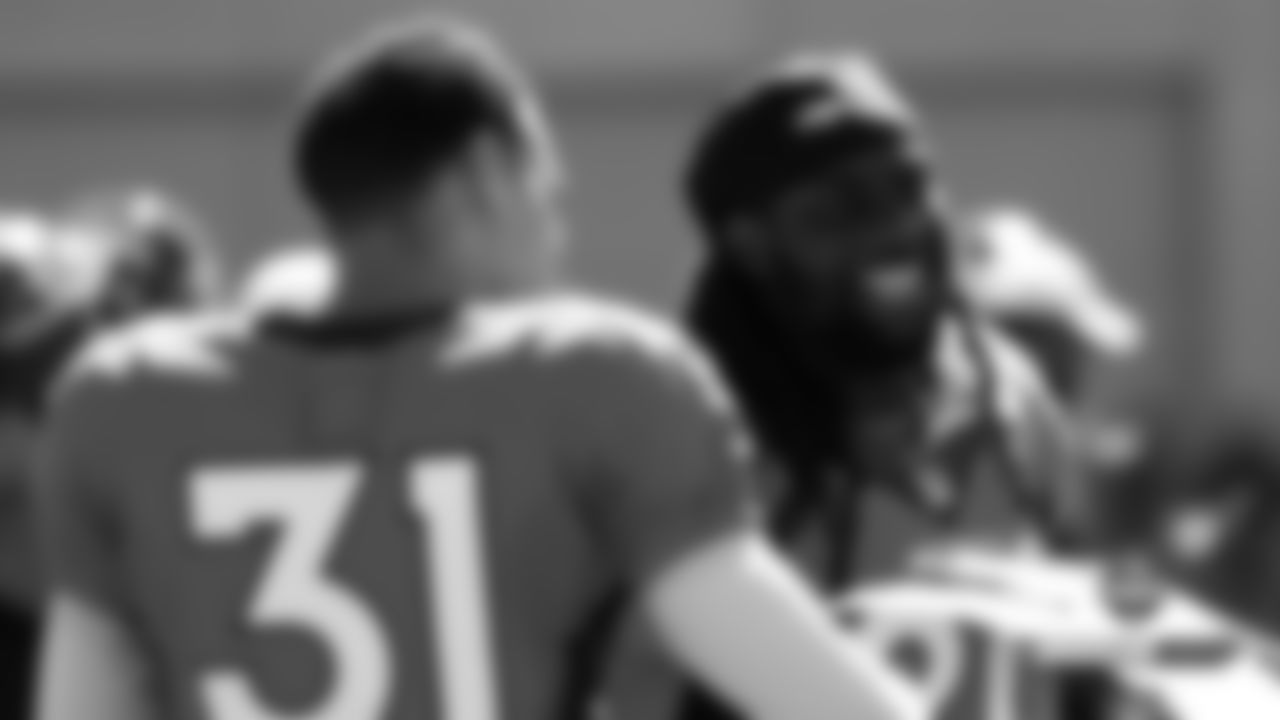 Justin Simmons and Jamal Carter during practice on Day 12 of training camp on August 4, 2019.