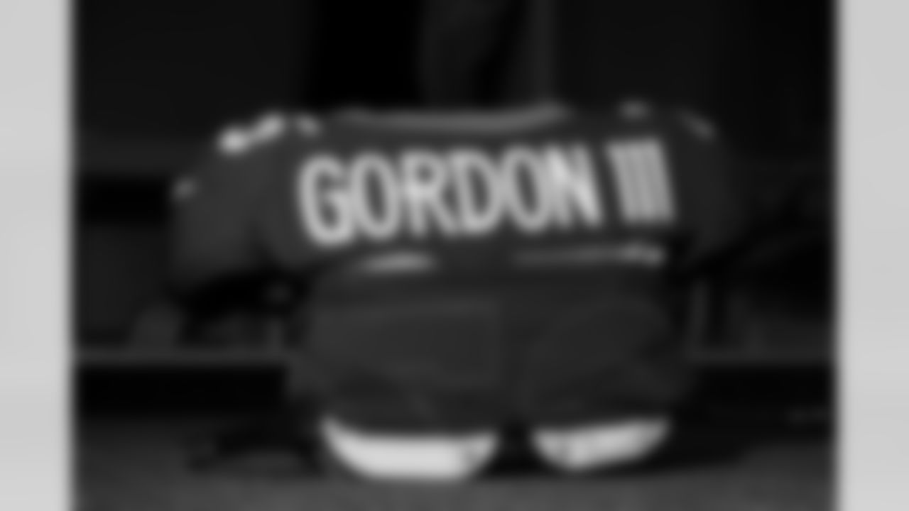 Melvin Gordon III's jersey in the locker room before the Broncos' Week 18 game against the Kansas City Chiefs at Empower Field at Mile High in Denver, Colorado on January 8, 2022. (Photo by Ben Swanson)