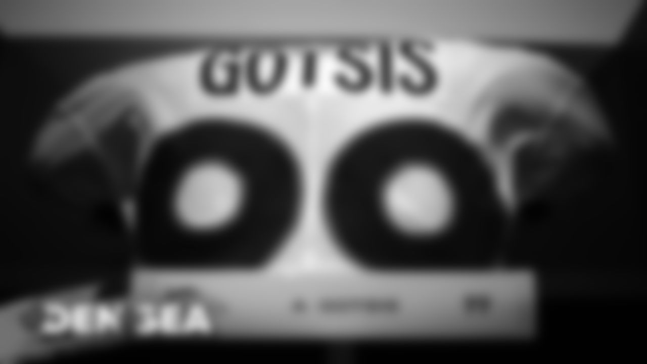 Adam Gotsis' jersey in the visiting locker room for the Broncos' preseason game against the Seattle Seahawks at CenturyLink Field on August 8, 2019.