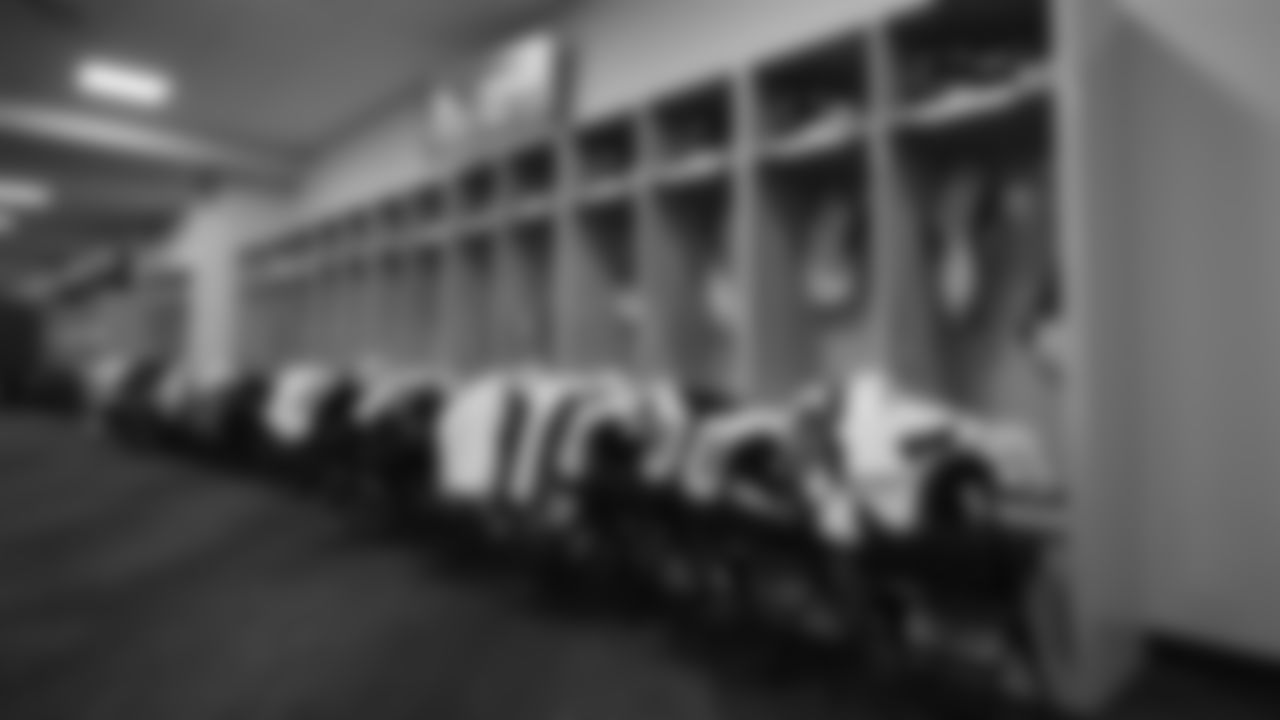 Inside the locker room during the equipment setup before the Broncos' preseason matchup with the Falcons in the Pro Football Hall of Fame Game on August 1, 2019 at Tom Benson Hall of Fame Stadium.