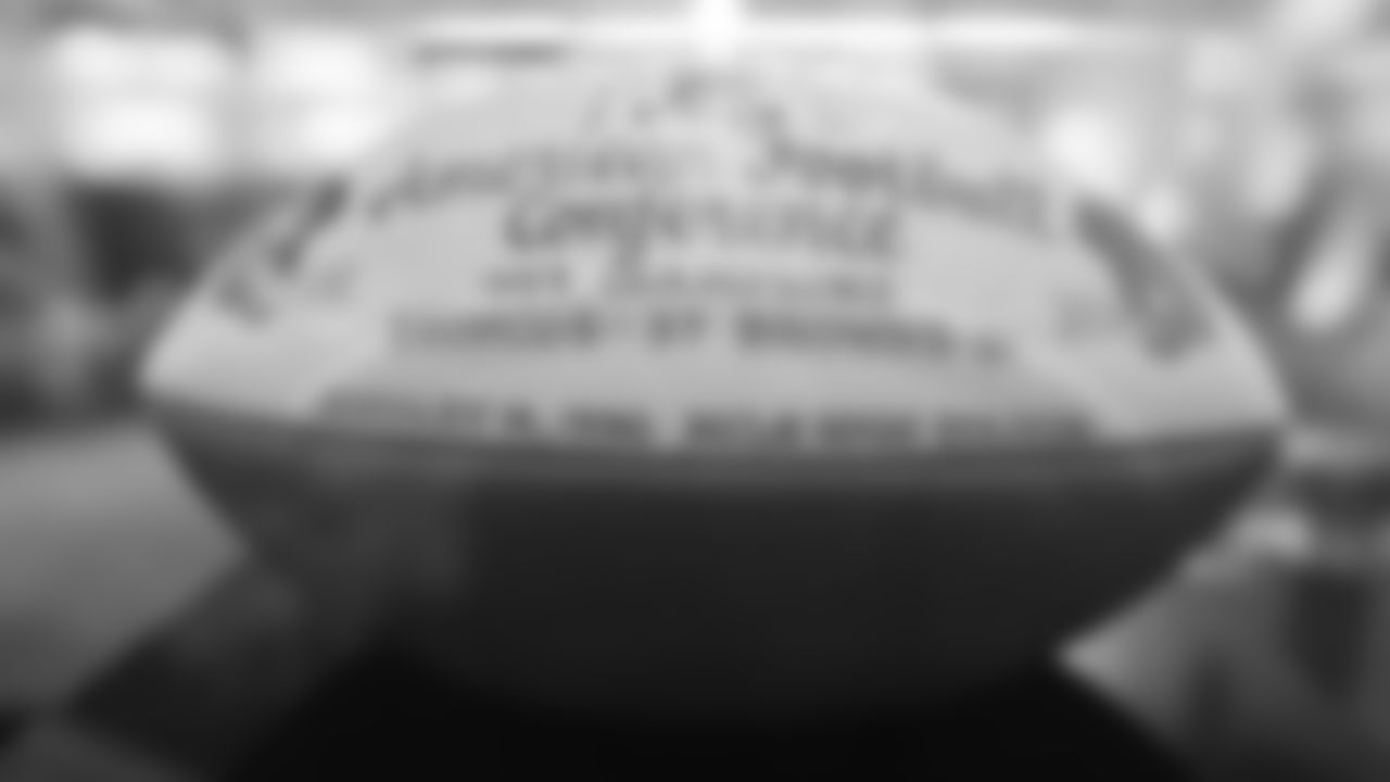 A game ball commemorating the Broncos' victory over the Browns in the 1990 AFC Championship Game is featured in a display at the open-house tribute to Pat Bowlen at Broncos Stadium at Mile High on June 18, 2019.