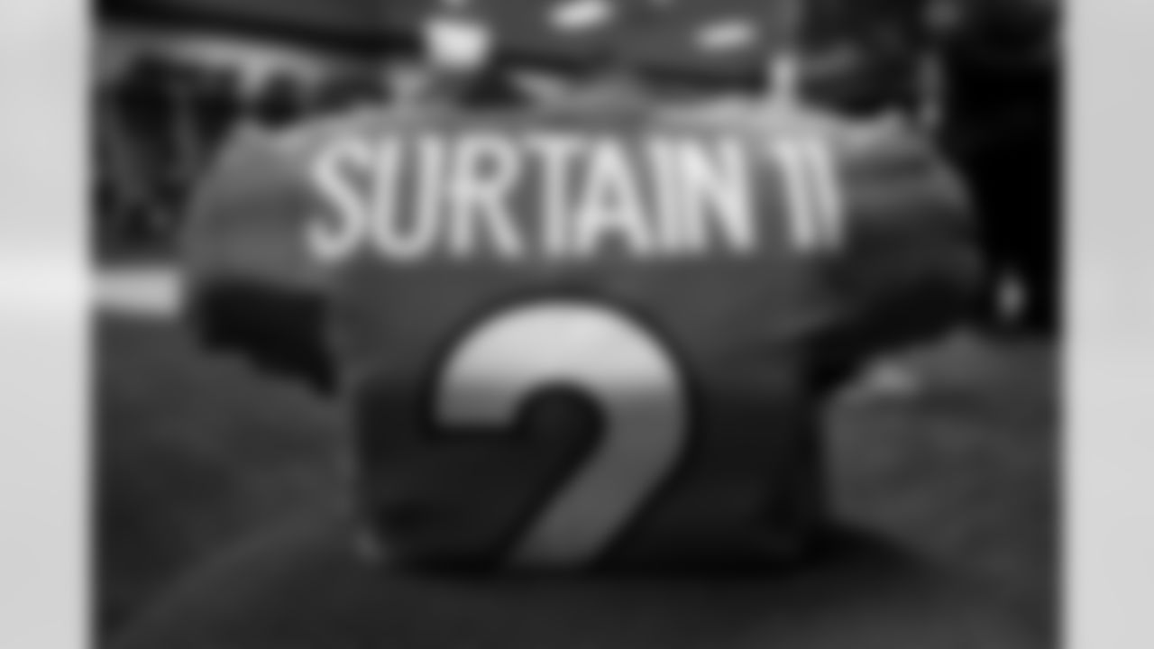 Pat Surtain II's jersey in the locker room before the Broncos' Week 8 game against the Washington Football Team at Empower Field at Mile High in Denver, Colorado on October 31, 2021. (Photo by Sam Weaver)