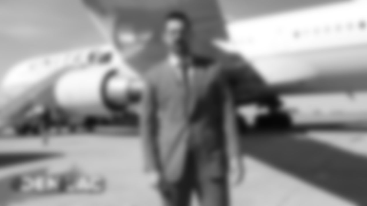 Brandon McManus on the tarmac at Denver International Airport during the team's travel to California on October 5, 2019 ahead of their Week 5 game against the Los Angeles Chargers. (Photo by Ben Swanson)