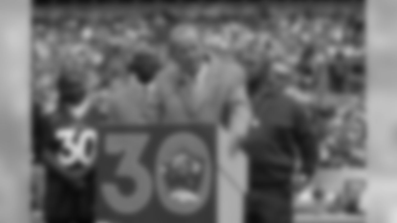 CEO and President Pat Bowlen speaks about Terrell Davis during ceremonies for Davis's induction into the Ring of Fame at Invesco Field at Mile High.