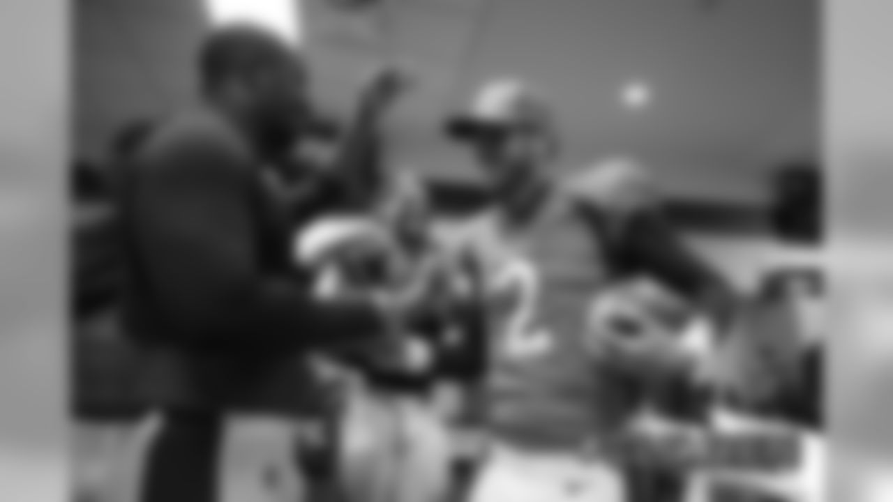 Von Miller and Brandon Allen celebrate the win over the Cleveland Browns at Empower Field at Mile High in Denver, Colorado, on November 3, 2019.
Photo by Gabriel Christus