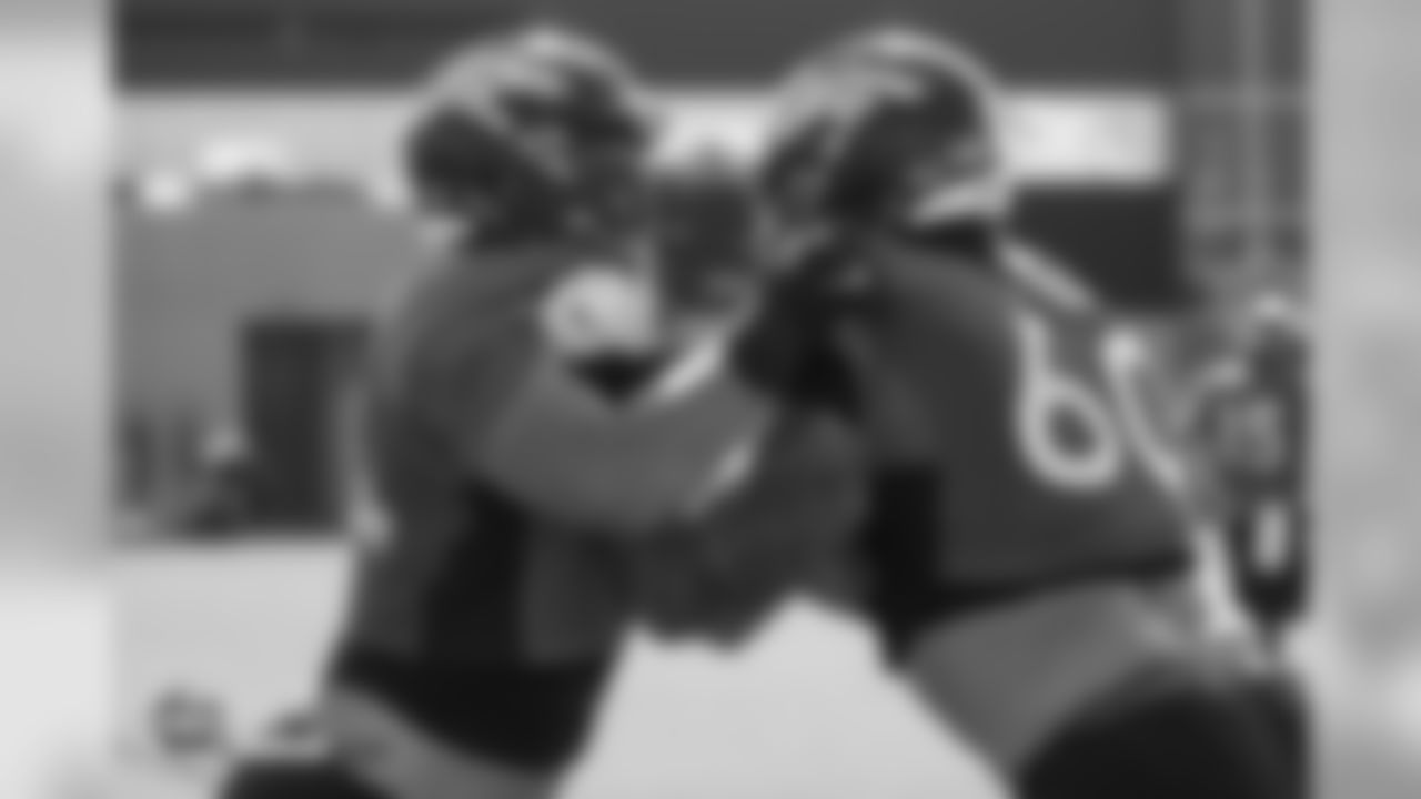 Center J.J. Dielman (64) and guard Connor McGovern (60) during the 11th day of training camp on August 9, 2018, at UCHealth Training Center.