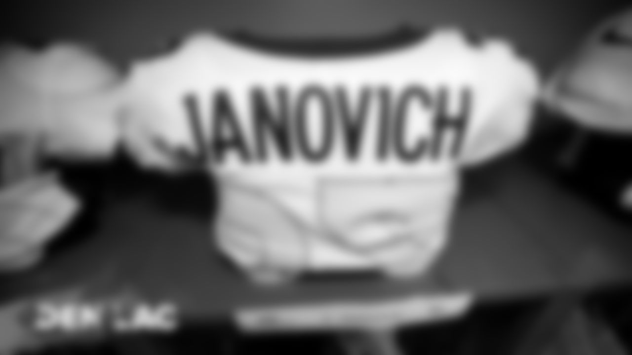 Andy Janovich's jersey in the visiting locker room for the Broncos' game against the Los Angeles Chargers at Dignity Health Sports Park on October 6, 2019. (Photo by Ben Swanson)