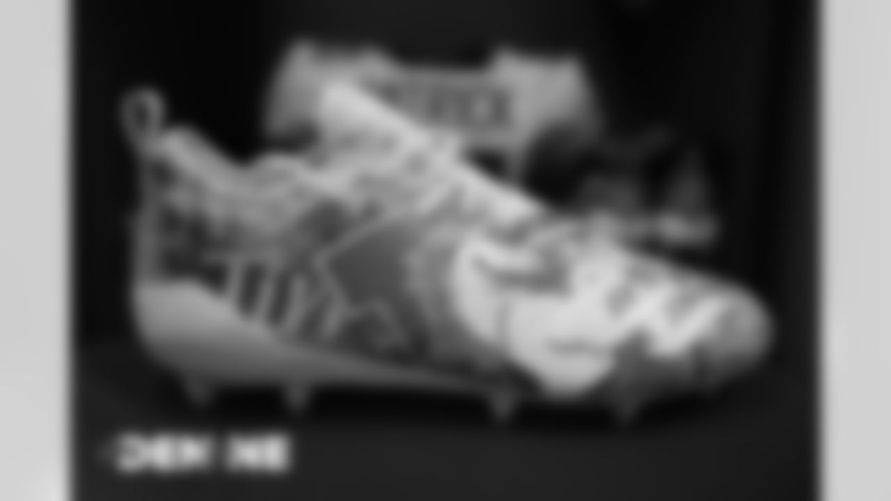 Tim Patrick's custom cleats in the locker room before the Broncos' Week 6 game against the New England Patriots at Gillette Stadium in Foxborough, Massachusetts, on October 18, 2020. (Photo by Ben Swanson)