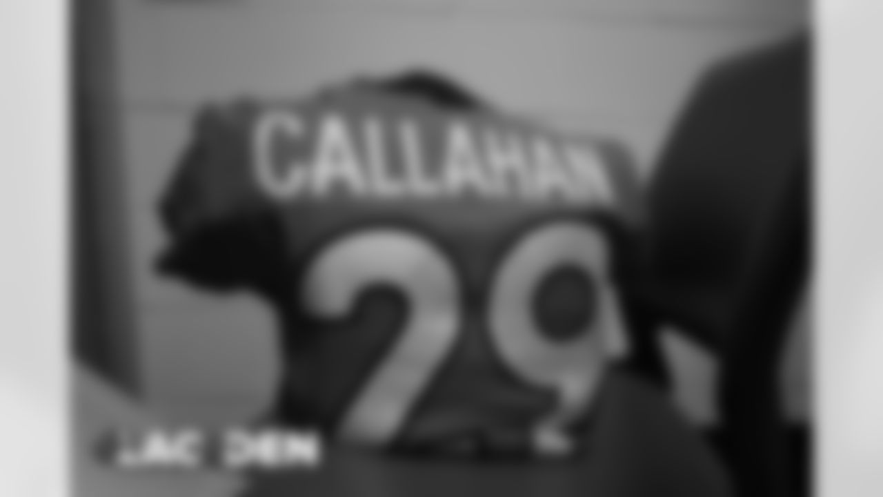 Bryce Callahan's jersey in the locker room before the Broncos' Week 8 game against the Los Angeles Chargers at Empower Field at Mile High on November 1, 2020. (Photo by Ben Swanson)
