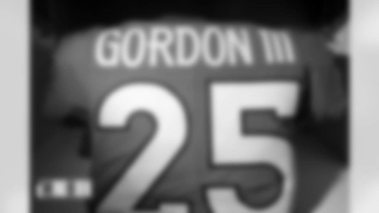Melvin Gordon III's jersey in the locker room before the Broncos' Week 5 game against the Indianapolis Colts at Empower Field at Mile High in Denver, Colorado on October 6, 2022. (Photo by Ben Swanson)