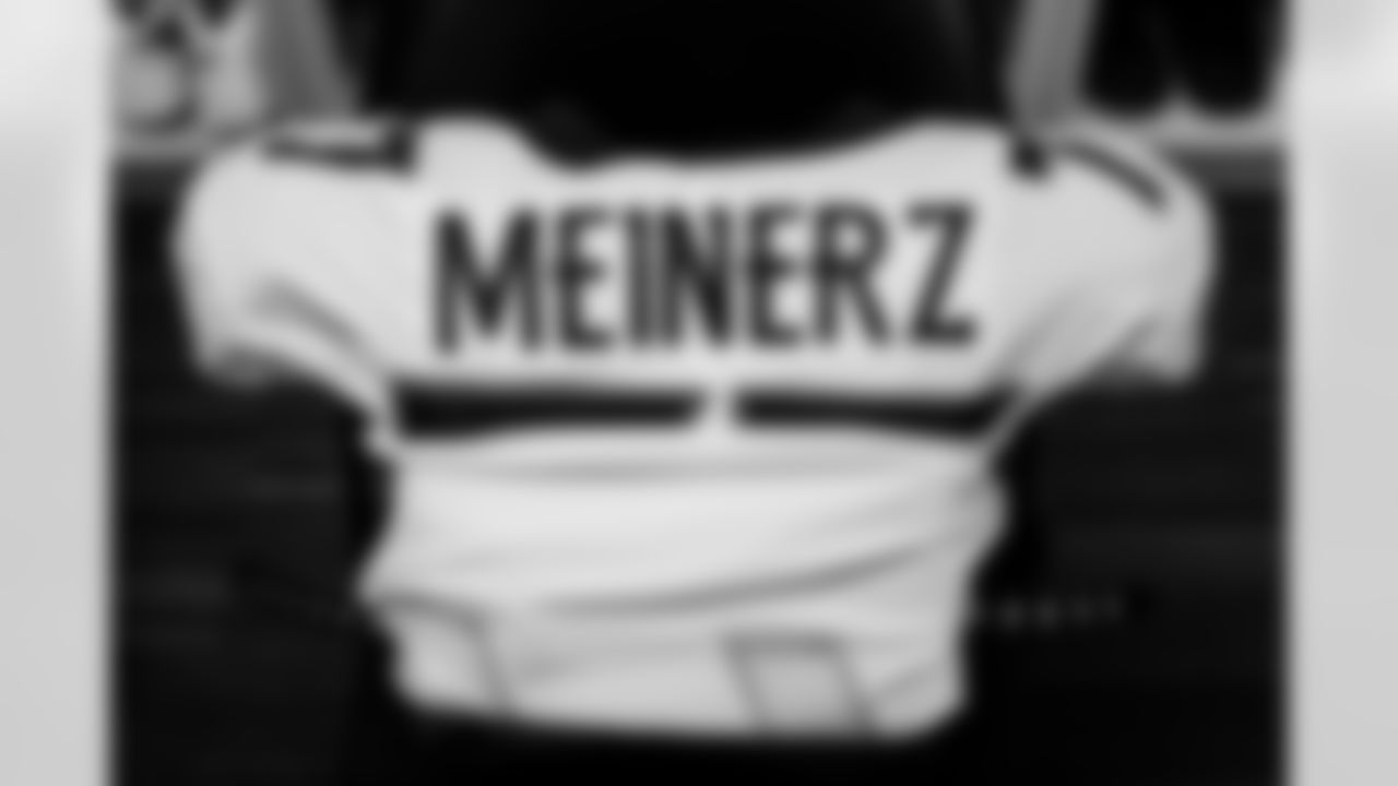 Quinn Meinerz's jersey in the locker room before the Broncos' preseason Week 1 game against the Minnesota Vikings at U.S. Bank Stadium in Minneapolis, Minnesota on August 14, 2021. (Photo by Joe Abdellah)