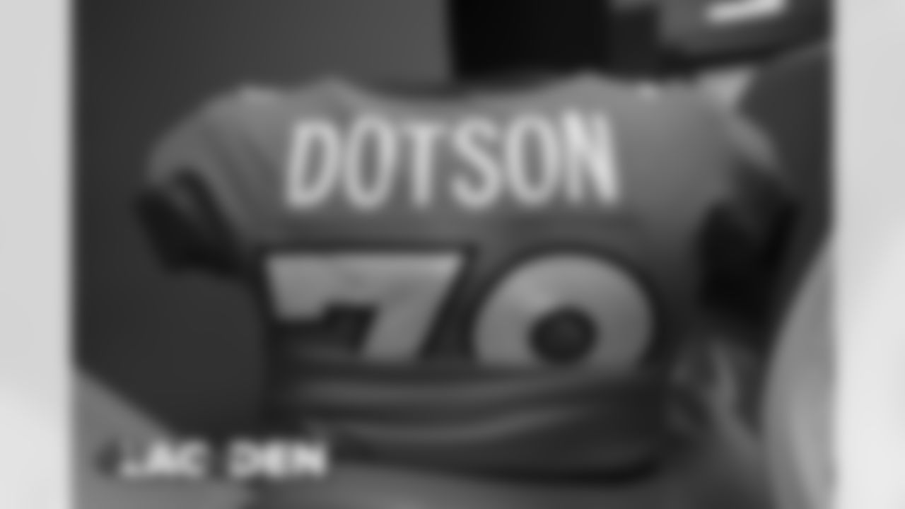 Demar Dotson's jersey in the locker room before the Broncos' Week 8 game against the Los Angeles Chargers at Empower Field at Mile High on November 1, 2020. (Photo by Ben Swanson)