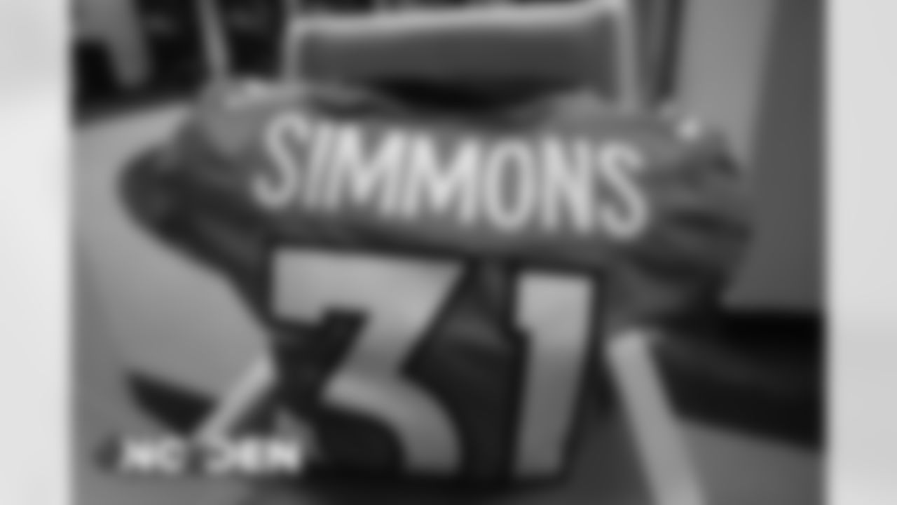 Justin Simmons's jersey in the locker room before the Broncos' Week 12 game against the New Orleans Saints at Empower Field at Mile High on November 29, 2020. (Photo by Ben Swanson)
