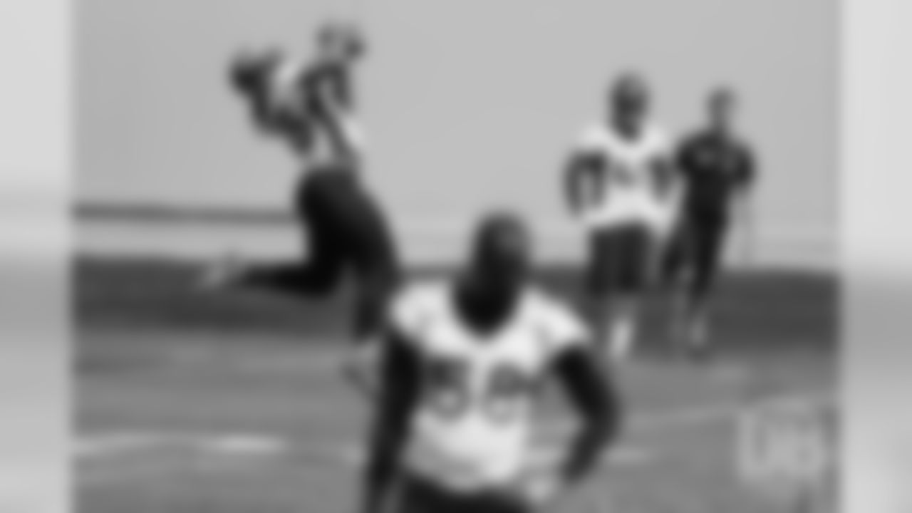 Linebacker Alexander Johnson makes a leaping catch during the first day of voluntary veteran minicamp on April 16, 2019.