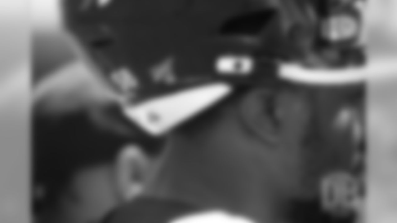 The NFL 100 helmet decal during the Broncos' practice on the ninth day of their OTAs on May 31, 2019.