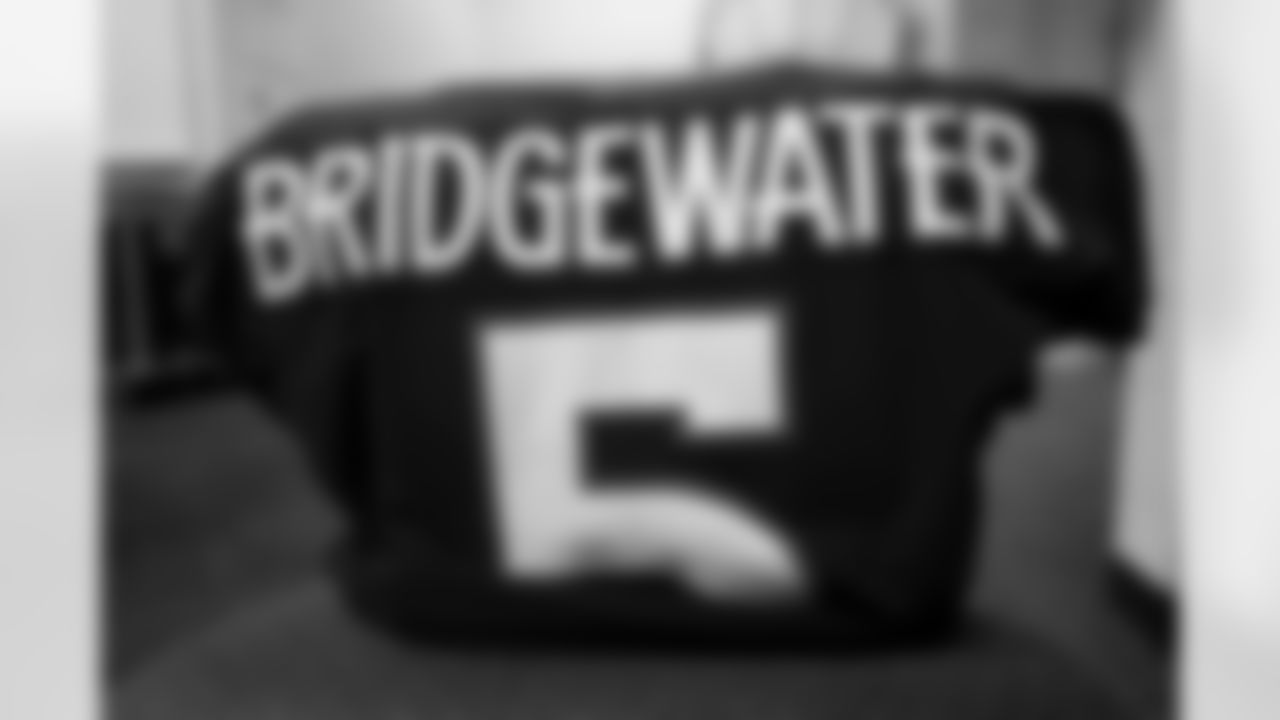 Teddy Bridgewater's jersey in the locker room before the Broncos' Week 6 game against the Las Vegas Raiders at Empower Field at Mile High in Denver, Colorado on October 17, 2021. (Photo by Sam Weaver)