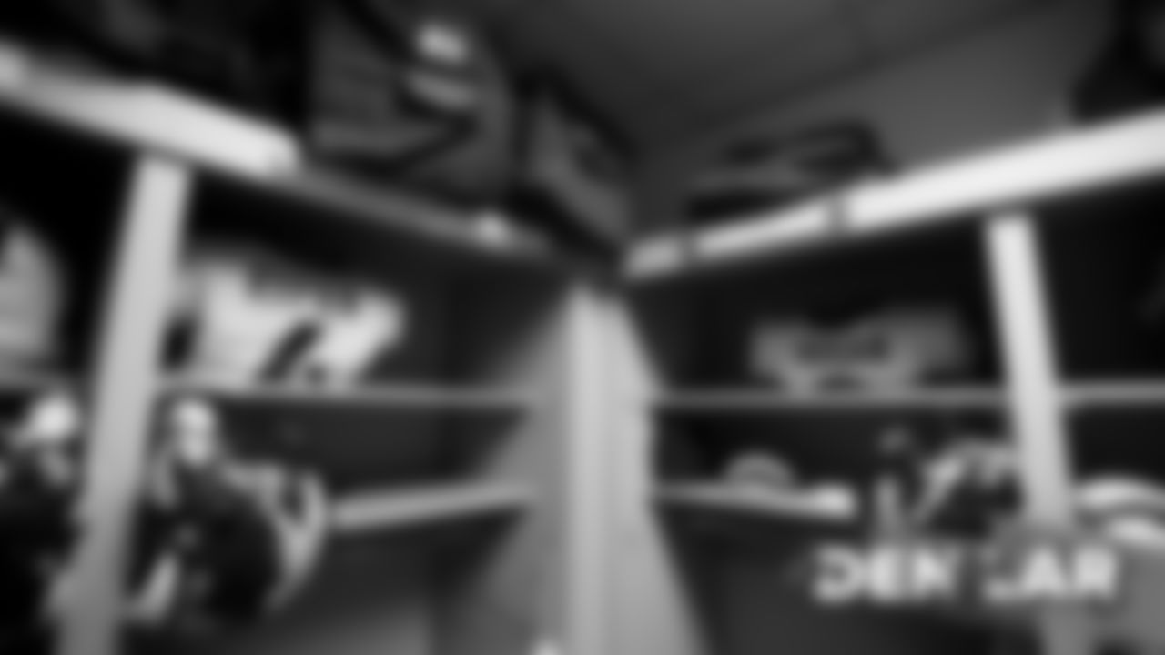 Brett Rypien's and Kevin Hogan's jerseys inside the locker room before the Broncos' preseason game against the Los Angeles Rams on August 24, 2019 at the Los Angeles Memorial Coliseum. (Photo by Ben Swanson)