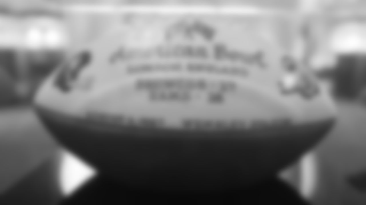 A game ball commemorating the Broncos' participation in the 1987 American Bowl is featured in a display at the open-house tribute to Pat Bowlen at Broncos Stadium at Mile High on June 18, 2019.