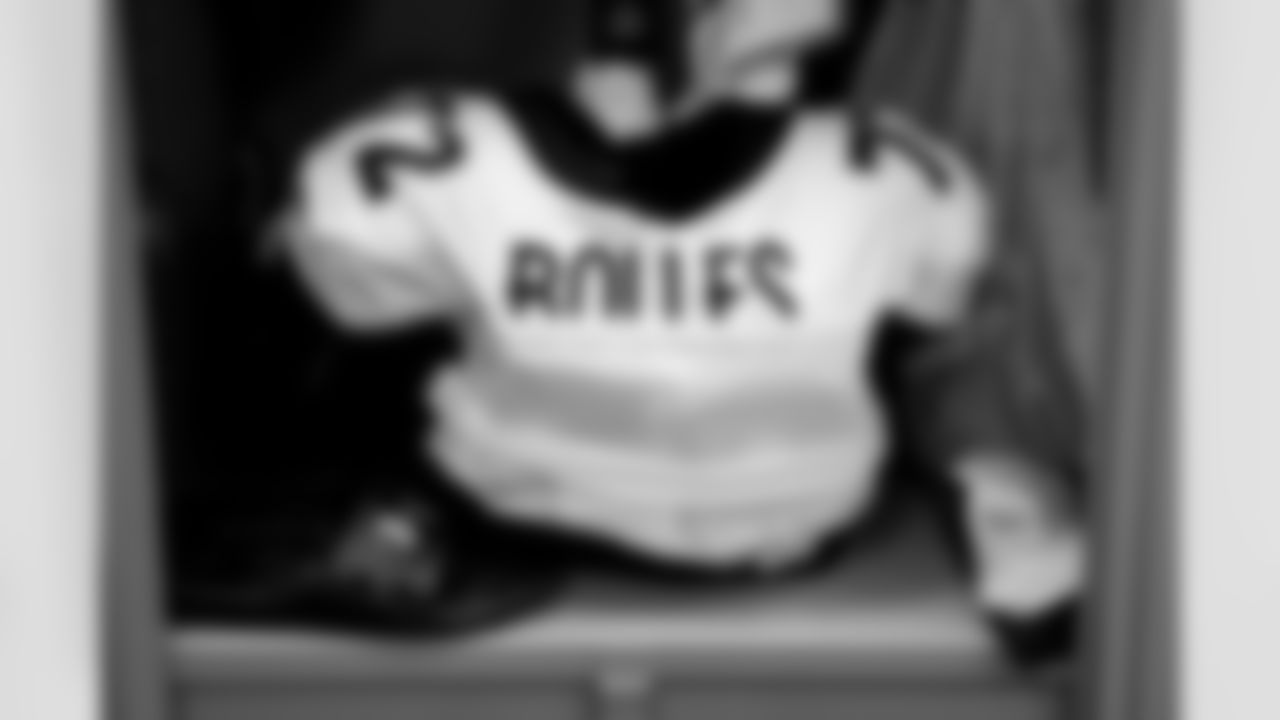 Garett Bolles's jersey in the locker room before the Broncos' Week 1 game against the New York Giants at MetLife Stadium in East Rutherford, New Jersey, on September 12, 2021. (Photo by Joe Abdellah)
