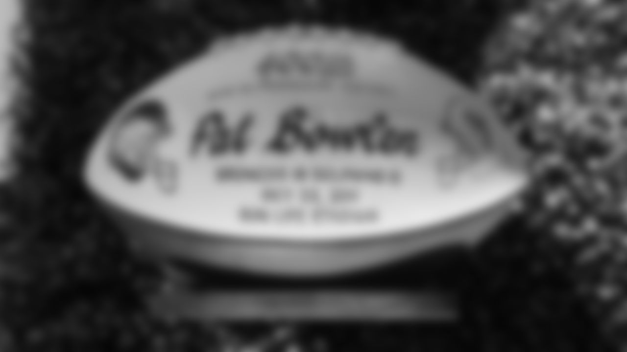 Mr. Bowlen's game ball from the Broncos' October 23, 2011, victory over the Dolphins is featured in a display at the open-house tribute to Pat Bowlen at Broncos Stadium at Mile High on June 18, 2019.