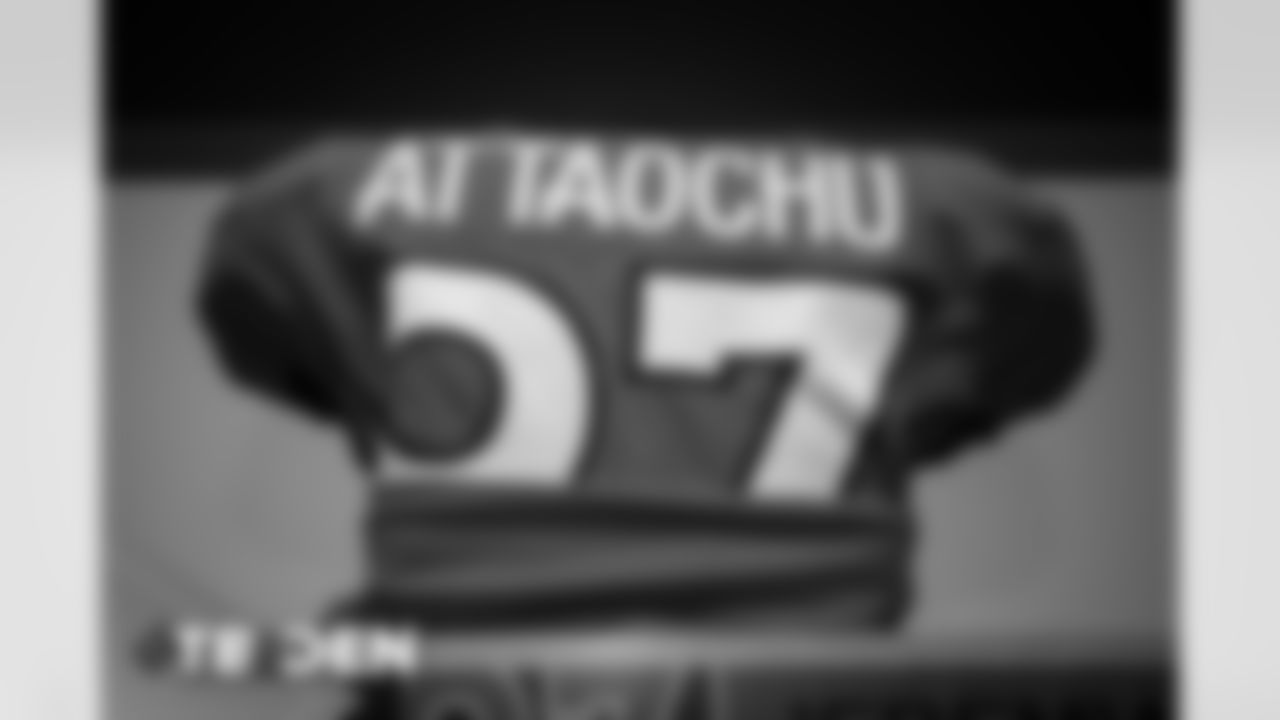 Jeremiah Attaochu's jersey in the locker room before the Broncos' Week 3 game against the Tampa Bay Buccaneers at Empower Field at Mile High on September 27, 2020. (Photo by Ben Swanson)