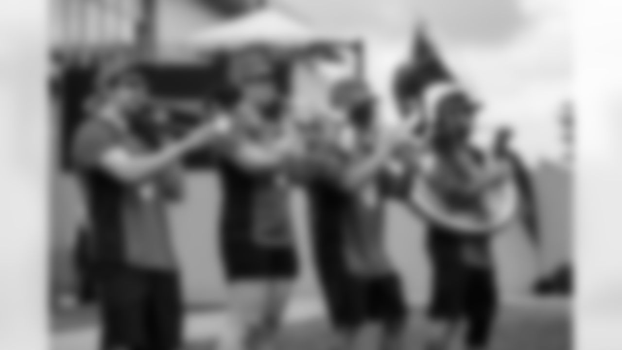 The horn section of the Denver Broncos Stampede drumline at the Back Together Saturday event celebrating the return of fans to training camp at UCHealth Training Center on July 31, 2021. (Photo by Ben Swanson)