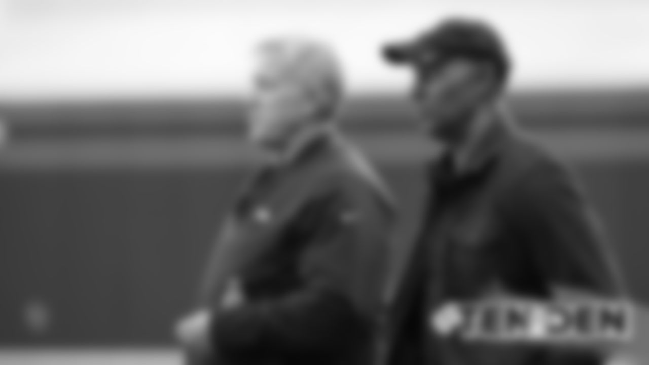 President of Football Operations/General Manager John Elway talks with James Lofton at practice on October 11, 2019 at UCHealth Training Center. (Photo by Ben Swanson)