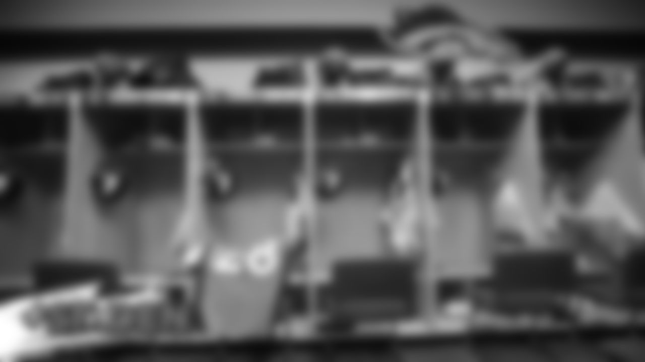Royce Freeman and other running backs' lockers inside the locker room before the Broncos' preseason game against the San Francisco 49ers on August 19, 2019 at Broncos Stadium at Mile High in Denver, Colorado.