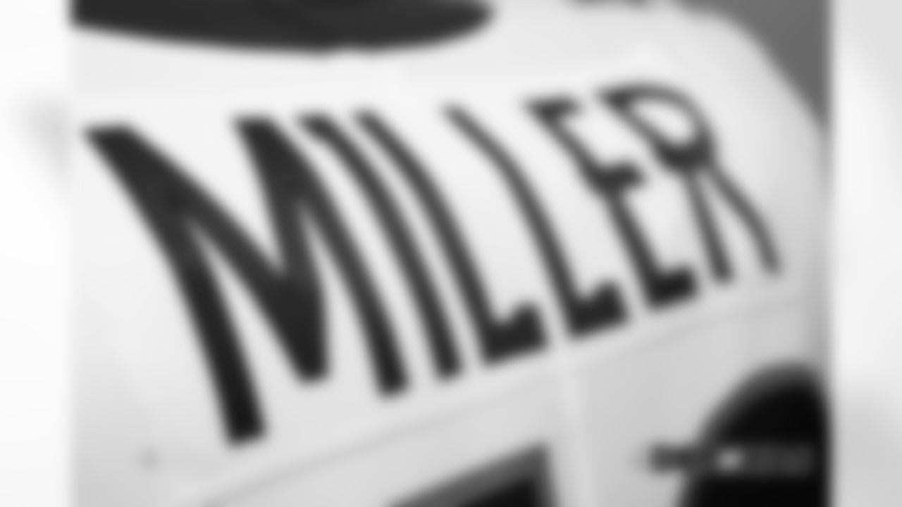 Von Miller's name on the back of his jersey in the locker room pregame before the Broncos' preseason game against the Washington Redskins at FedExField on August 24, 2018.