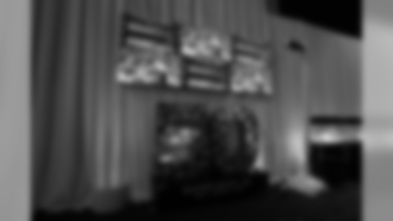 The Broncos' Super Bowl 50 stand they received after winning the championship is featured in a display at the open-house tribute to Pat Bowlen at Broncos Stadium at Mile High on June 18, 2019.