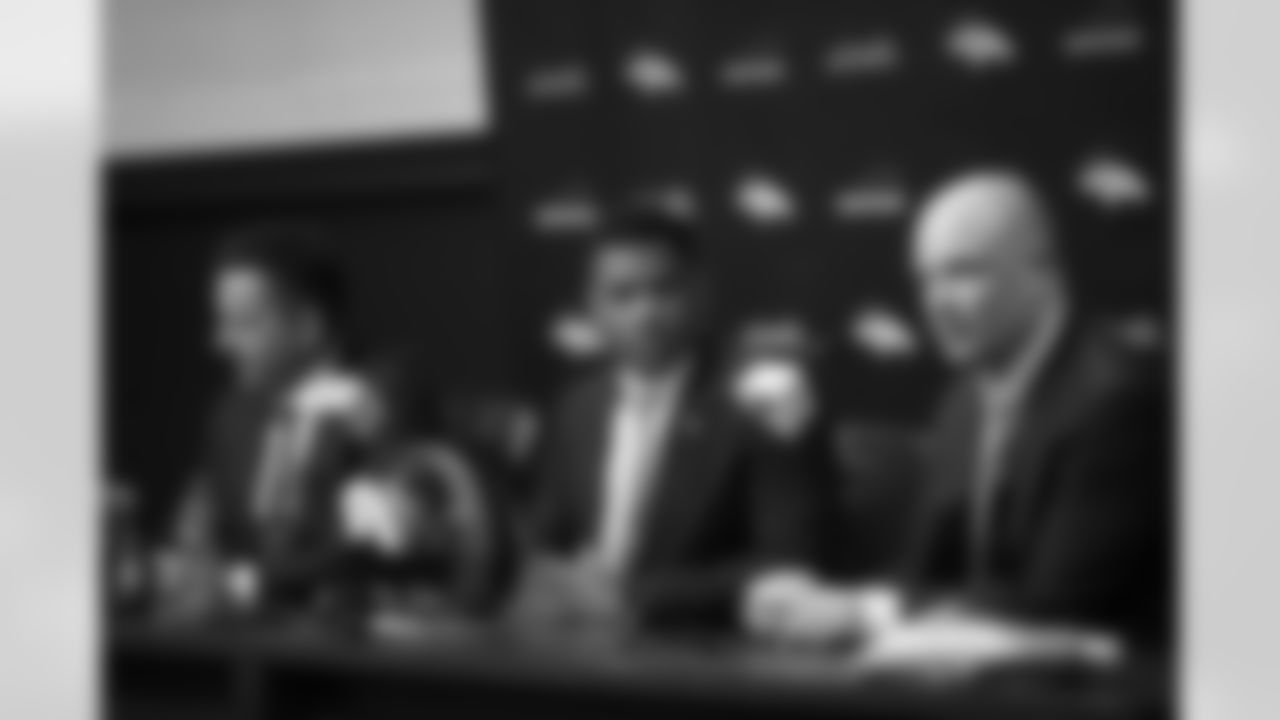 George Paton, Russell Wilson and Nathaniel Hackett during a press conference introducing Russell Wilson as the new quarterback for the Denver Broncos on Wednesday, March 16, 2022 at UCHealth Training Center in Denver, Colorado.
Photo by Gabriel Christus