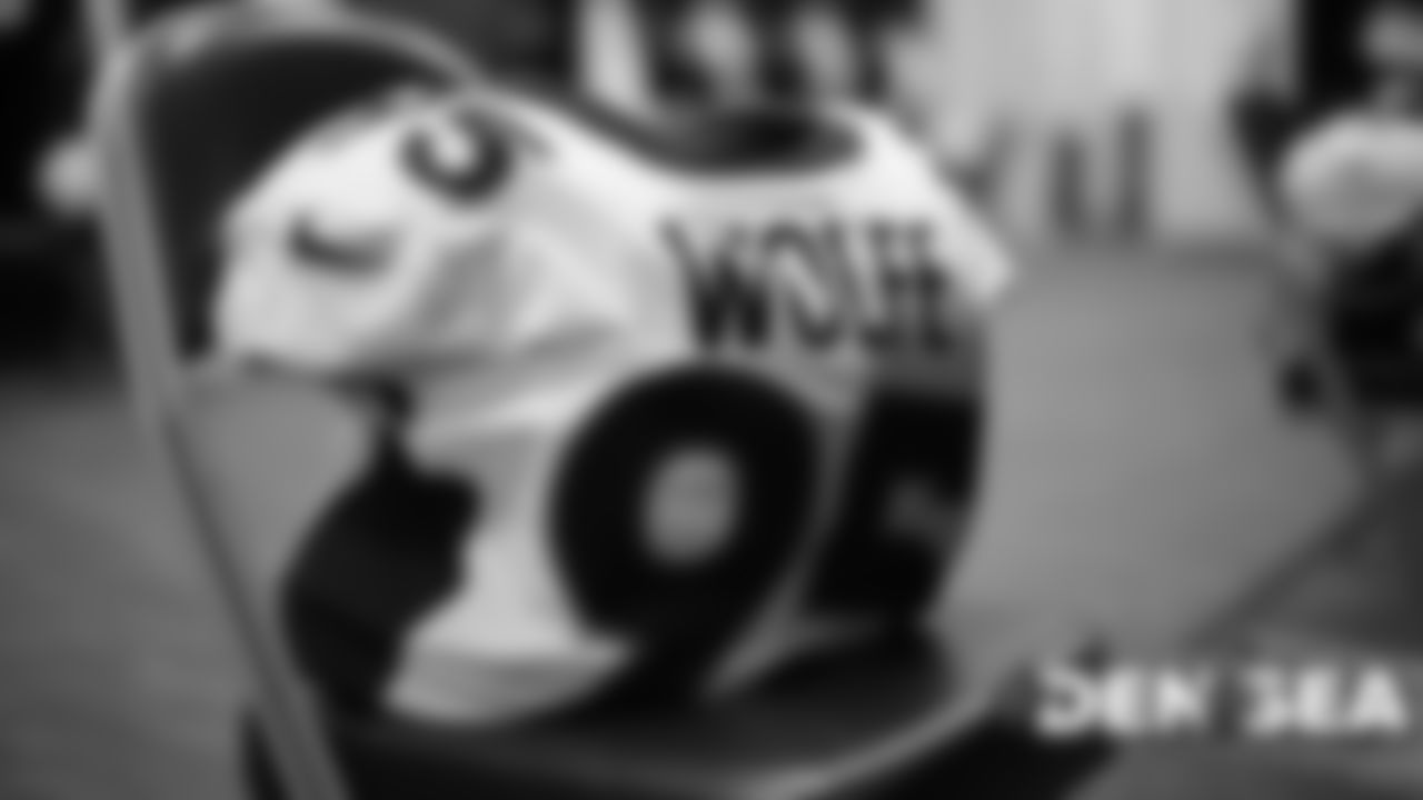 Derek Wolfe's jersey in the visiting locker room for the Broncos' preseason game against the Seattle Seahawks at CenturyLink Field on August 8, 2019.