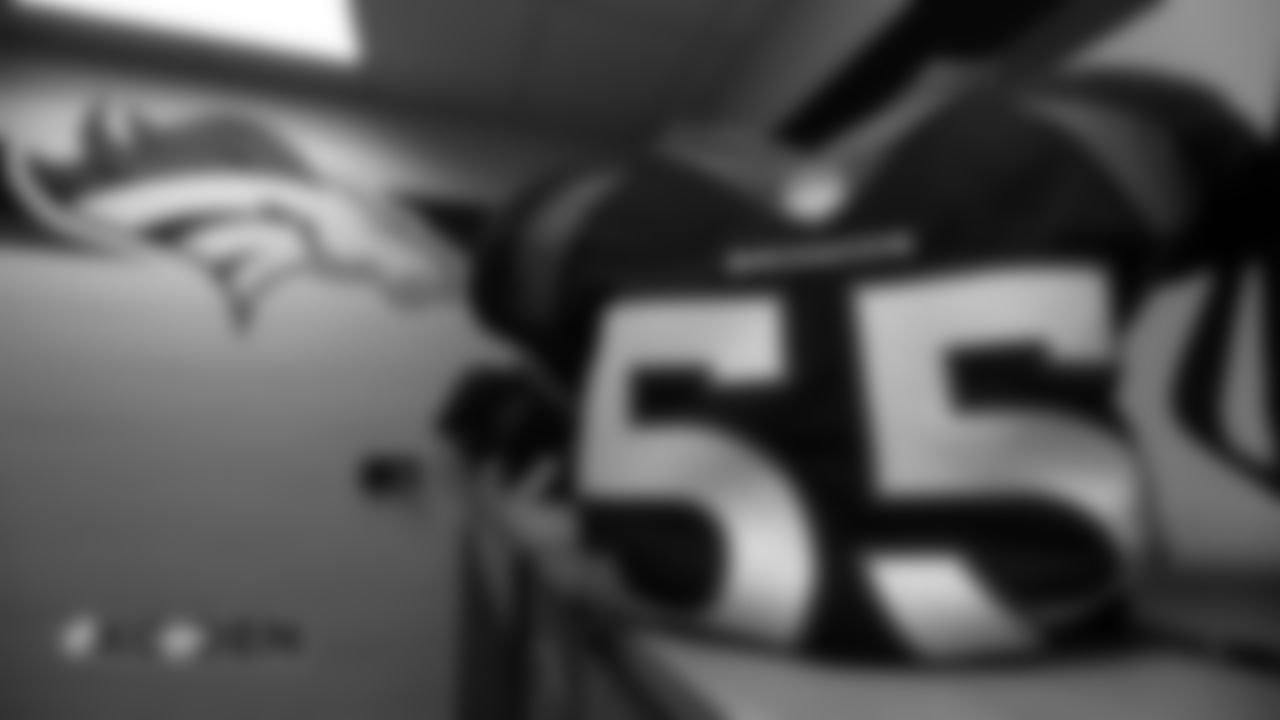 Bradley Chubb's jersey in the locker room pregame before the Broncos' Week 4 game against the Kansas City Chiefs at Broncos Stadium at Mile High on October 1, 2018.