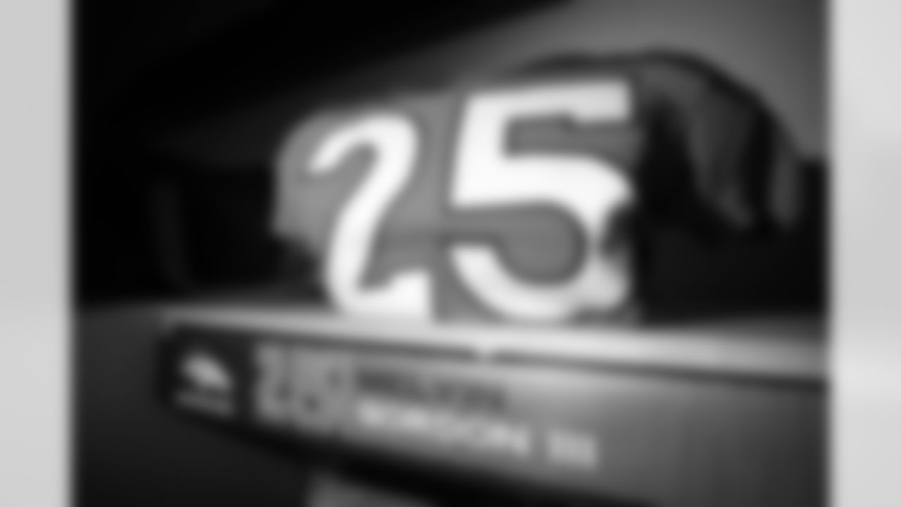 Melvin Gordon III's jersey in the locker room before on Day 12 of training camp at Empower Field at Mile High on August 29, 2020. (Photo by Ben Swanson)