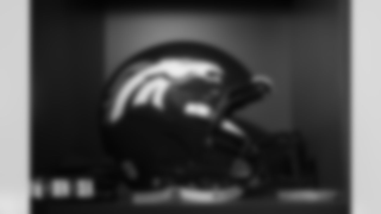 Russell Wilson's helmet in the locker room before the Broncos' Week 1 game against the Seattle Seahawks at Lumen Field in Seattle, Washington on September 12, 2022. (Photo by Gabriel Christus)