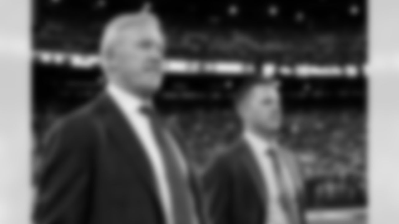 President of Football Operations John Elway and General Manager George Paton during the Broncos' Week 1 game against the New York Giants at MetLife Stadium in East Rutherford, New Jersey, on September 12, 2021. (Photo by Gabriel Christus)