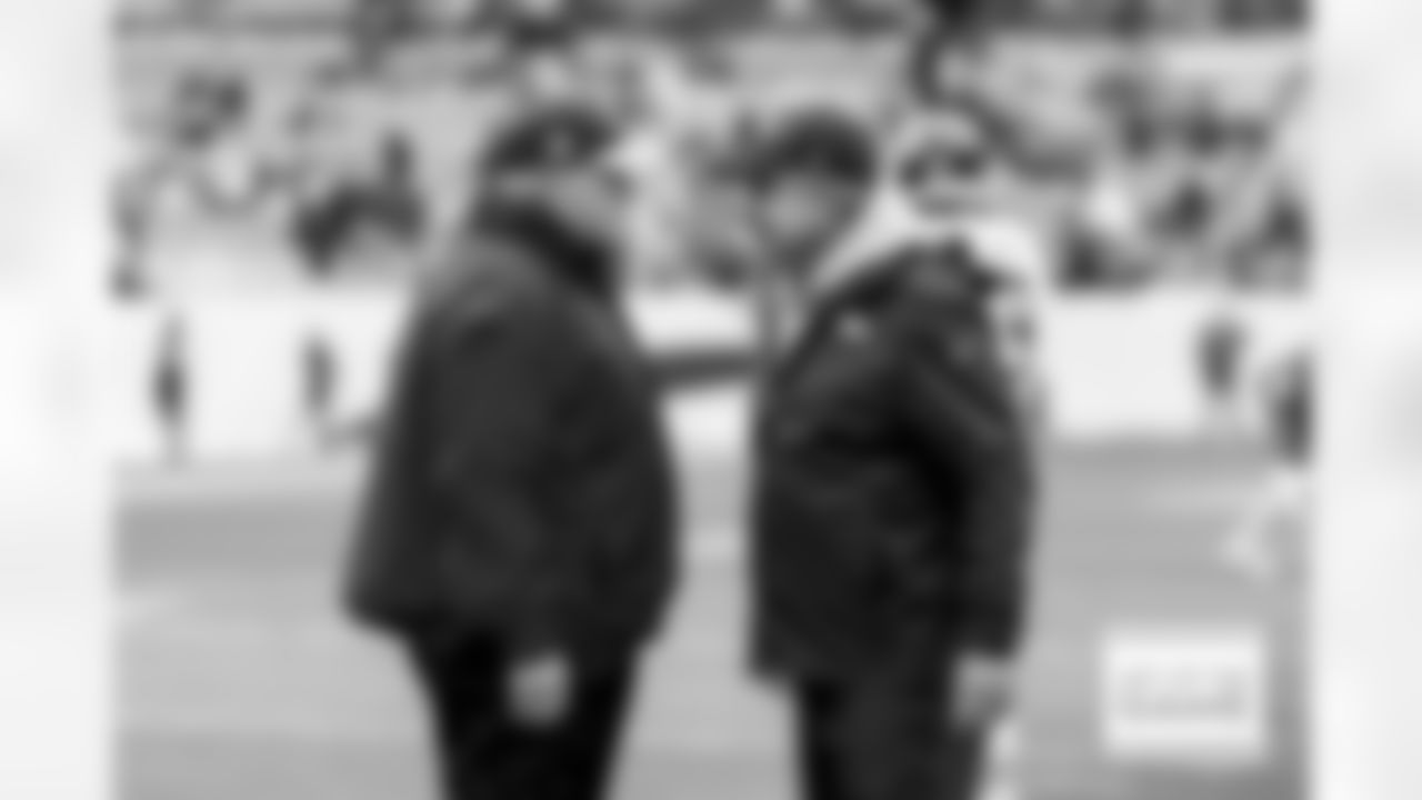 Andy Reid talks with Sean Payton before the Broncos' Week 8 game against the Kansas City Chiefs at Empower Field at Mile High in Denver, Colorado on October 29, 2023. Photo by Gabriel Christus / Denver Broncos
