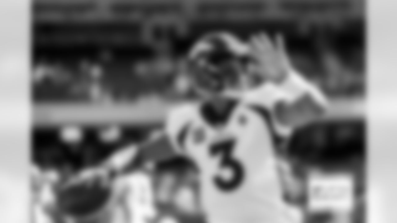 Denver Broncos quarterback Russell Wilson (3) throws a pass before the Broncos' Week 4 game against the Chicago Bears at Soldier Field in Chicago, Illinois on October 1, 2023. Photo by Ben Swanson / Denver Broncos
