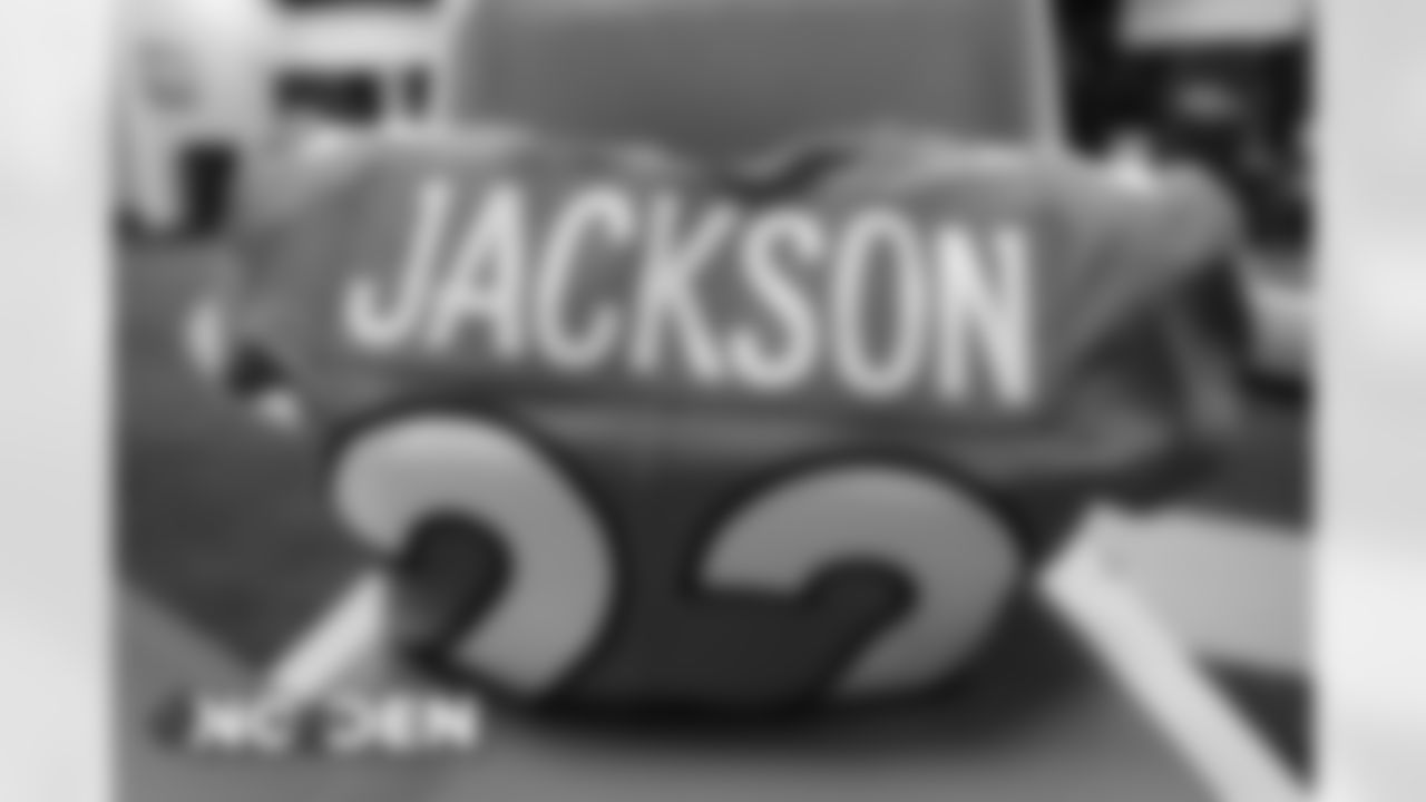 Kareem Jackson's jersey in the locker room before the Broncos' Week 12 game against the New Orleans Saints at Empower Field at Mile High on November 29, 2020. (Photo by Ben Swanson)