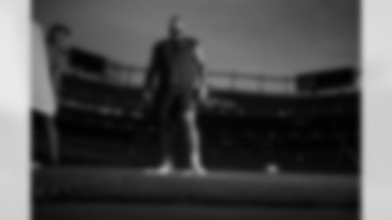 During the taping of hype video segments with Dalton Risner at Empower Field at Mile High on July 25, 2021. (Photo by Gabriel Christus)