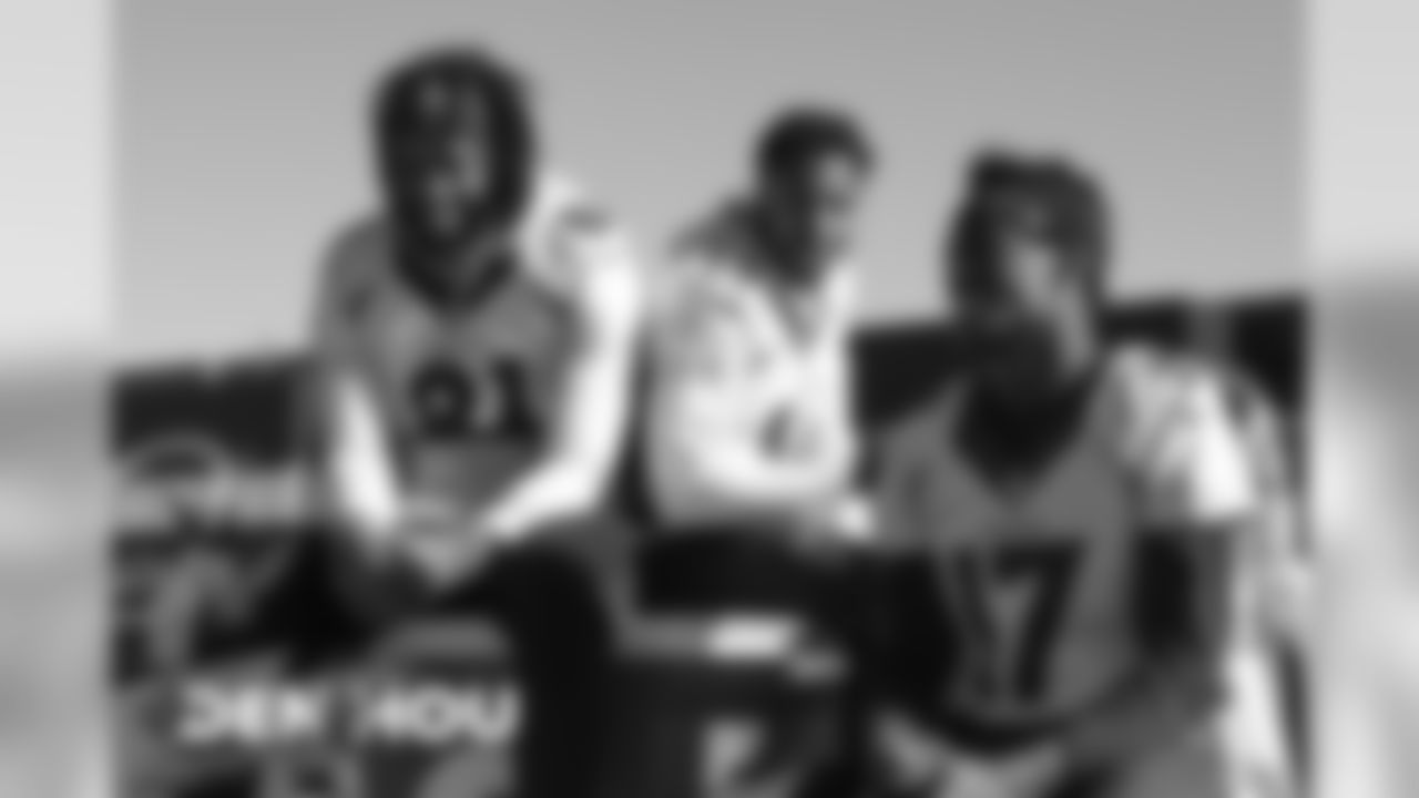 Tim Patrick, Courtland Sutton and DaeSean Hamilton before practice on December 6, 2019. (Photo by Ben Swanson)