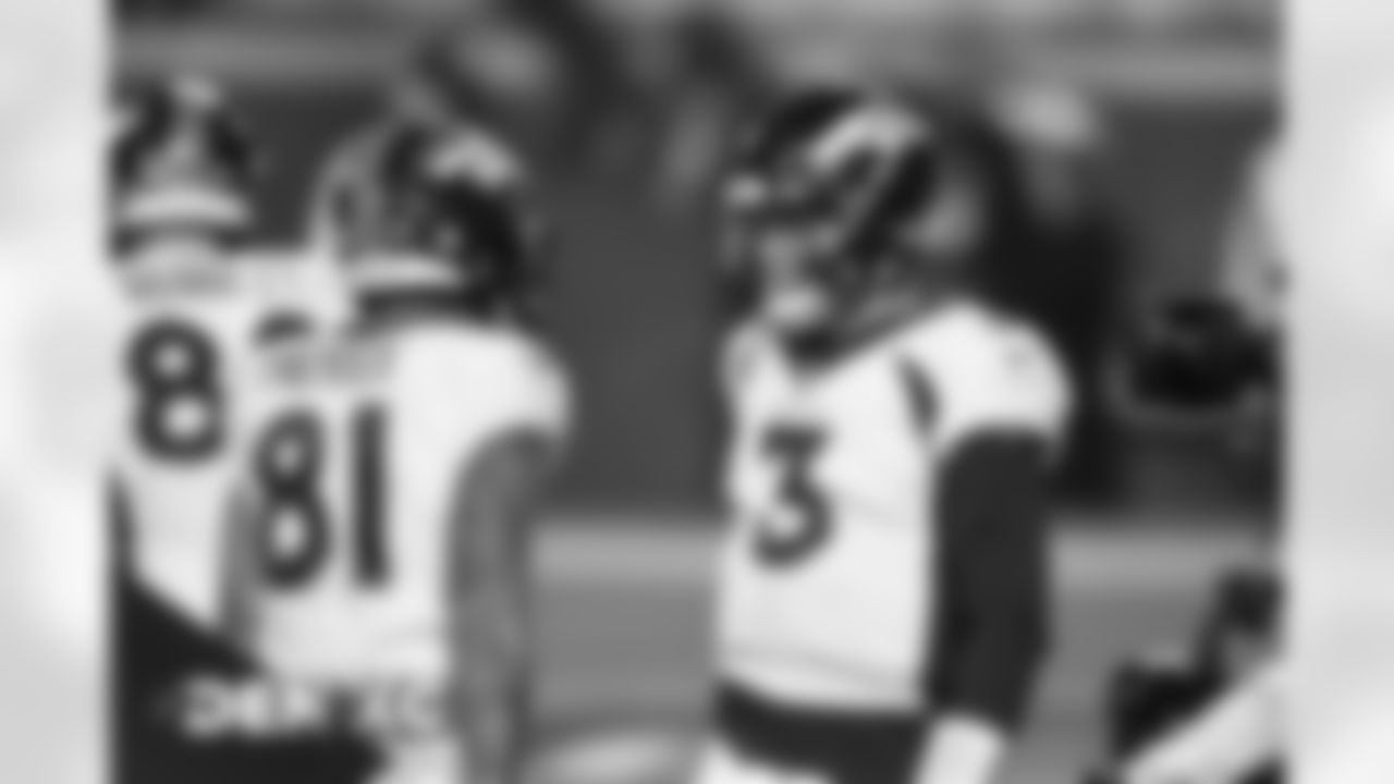 Denver Broncos quarterback Drew Lock (3) celebrates after thorwing a touchdown pass to wide receiver Tim Patrick (81) during the NFL game against the Kansas City Chiefs at Arrowhead Stadium in Kansas City, Missouri, December 06, 2020.
Photo by David Dermer