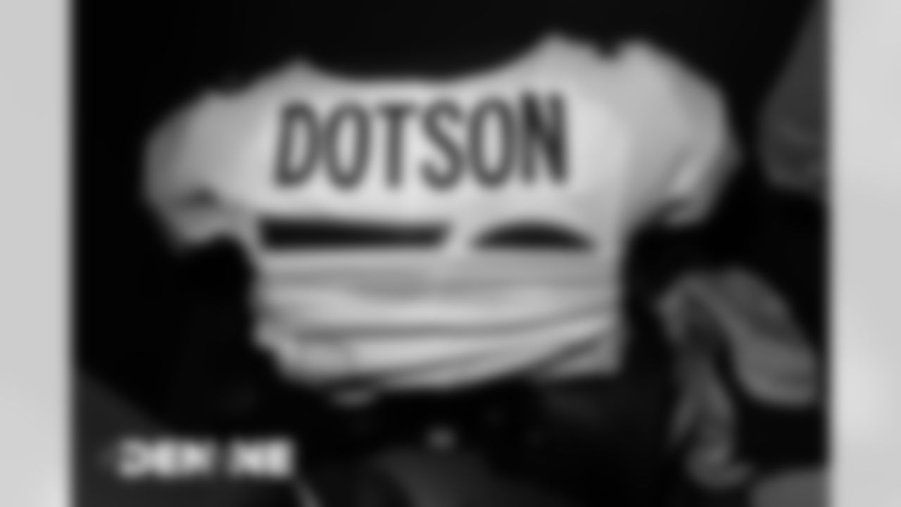 Demar Dotson's jersey in the locker room before the Broncos' Week 6 game against the New England Patriots at Gillette Stadium in Foxborough, Massachusetts, on October 18, 2020. (Photo by Ben Swanson)