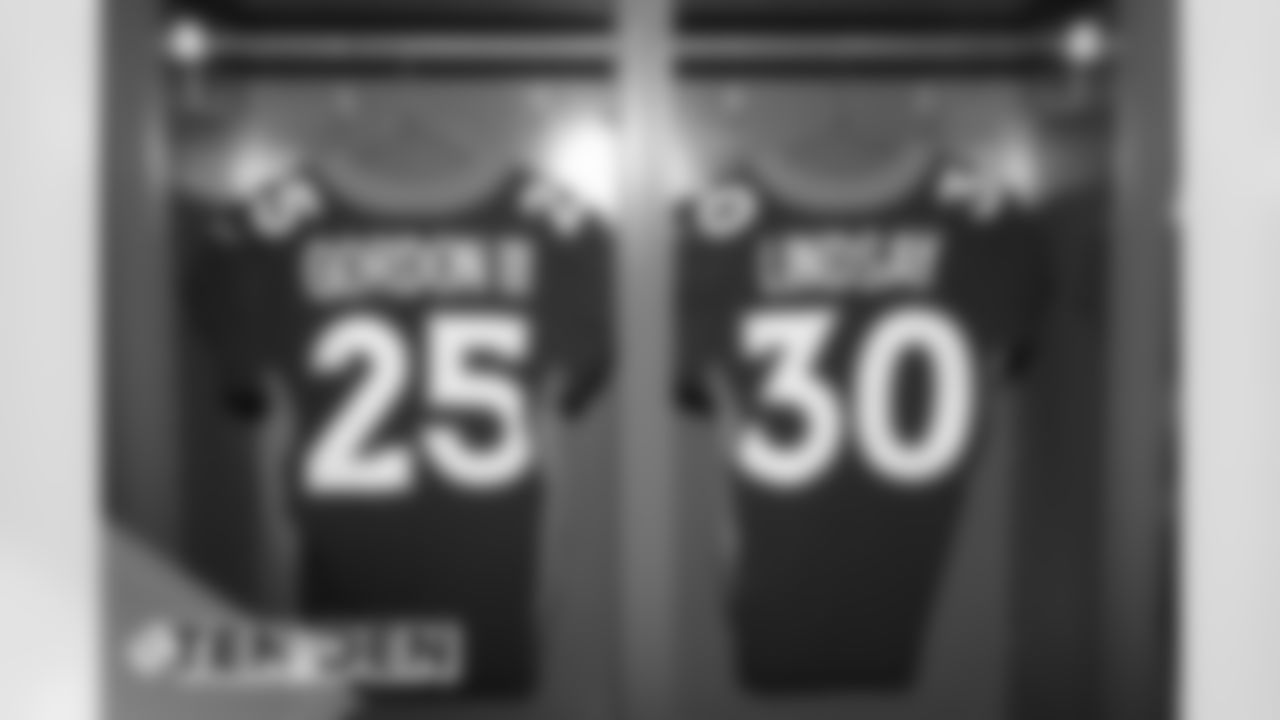 Melvin Gordon III's and Phillip Lindsay's jerseys during a photoshoot of select players' blue alternate jerseys on September 11, 2020. (Photo by Ben Swanson)