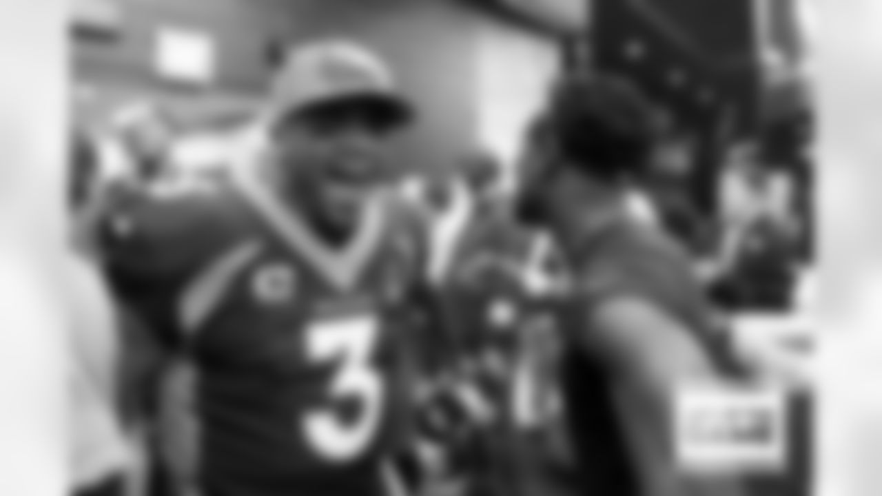 Russell Wilson celebrates in the locker room during a NFL game against the San Francisco 49ers on Sunday, September 25, 2022 at Empower Field at Mile High in Denver, Colorado.
Photo by Gabriel Christus/Denver Broncos
