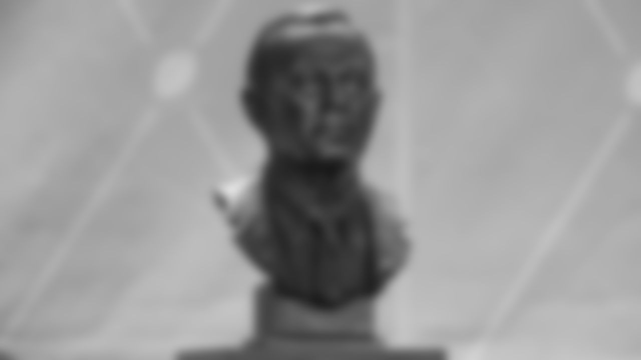 Pat Bowlen's bust at the 2019 Pro Football Hall of Fame enshrinement ceremony on August 3, 2019 in downtown Canton, Ohio.