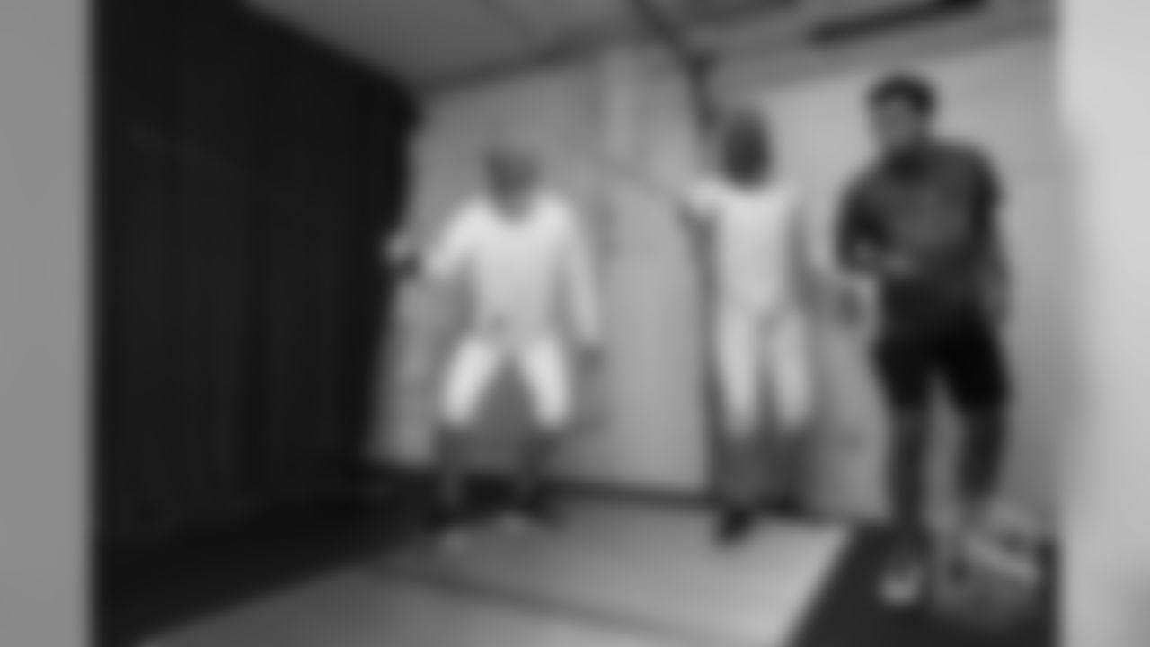 Brandon McManus and Casey Kreiter try their hands at fencing at the Denver Fencing Center on July 17, 2018.