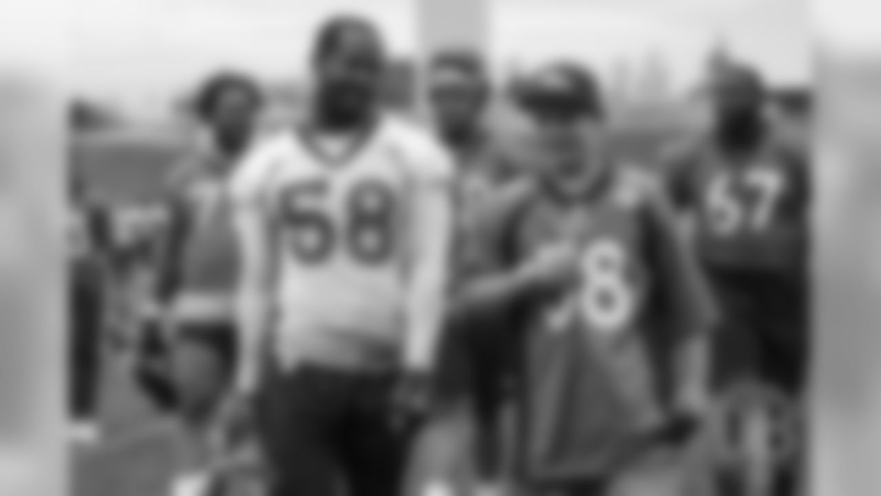 TJ, a 12-year-old fighting cystic fibrosis, wanted to be Von Miller for a day, and the Make-A-Wish Foundation helped make that dream come true on September 29, 2018. Here, TJ meets Miller after practice.
