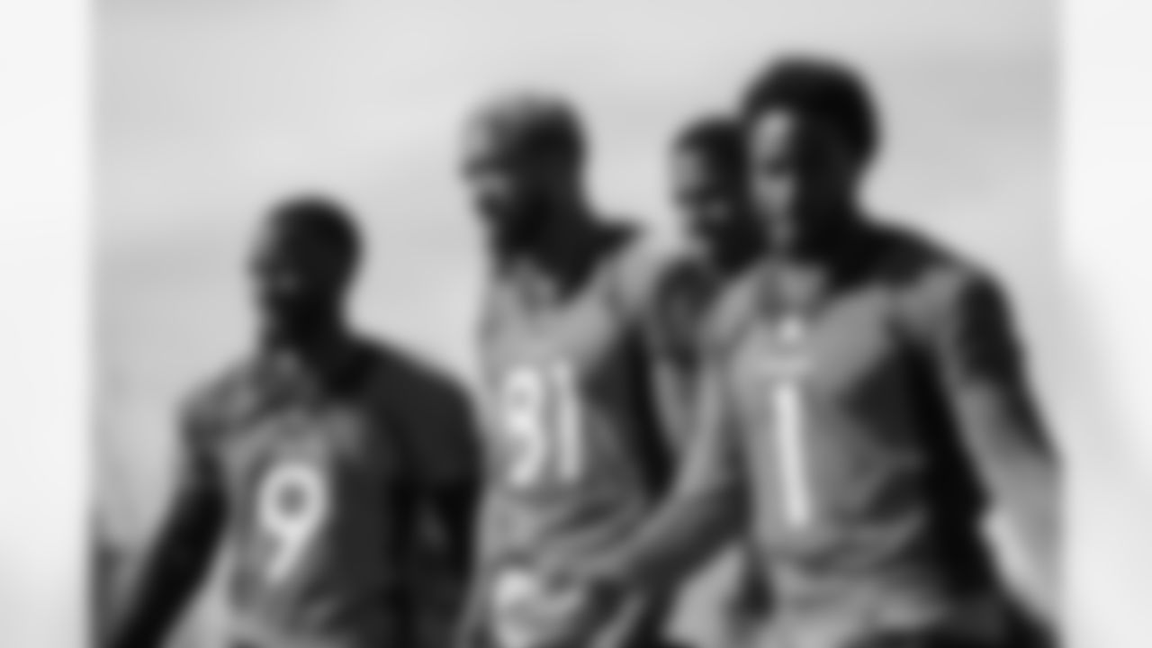 Kendall Hinton, Tim Patrick, Trinity Benson and KJ Hamler during an offseason program workout at UCHealth Training Center on May 20, 2021. (Photo by Ben Swanson)