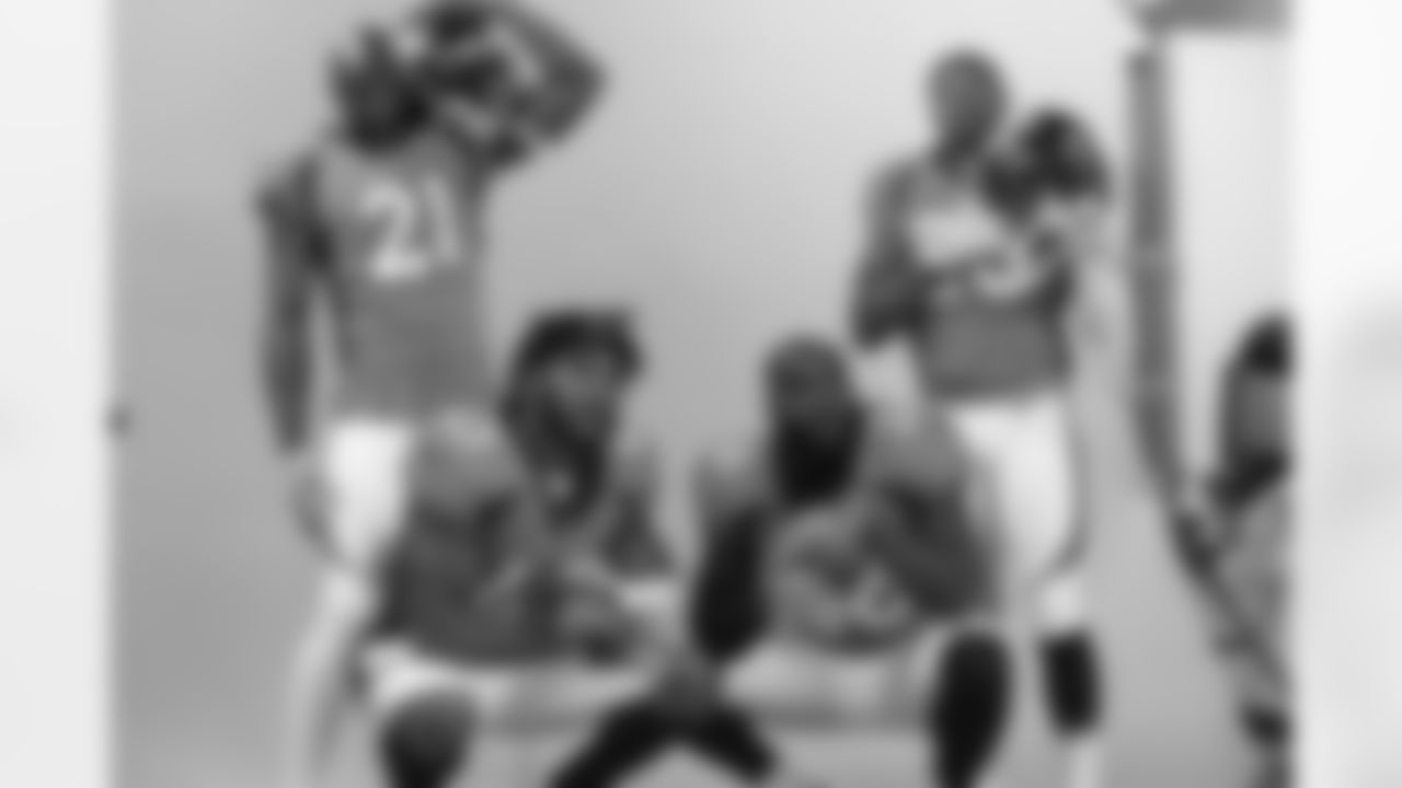 Cornerback Aqib Talib (21), safety T.J. Ward (43), safety Darian Stewart (26) and cornerback Chris Harris Jr. (25) at the media broadcast network photoshoots on June 14, 2017. (Ben Swanson)